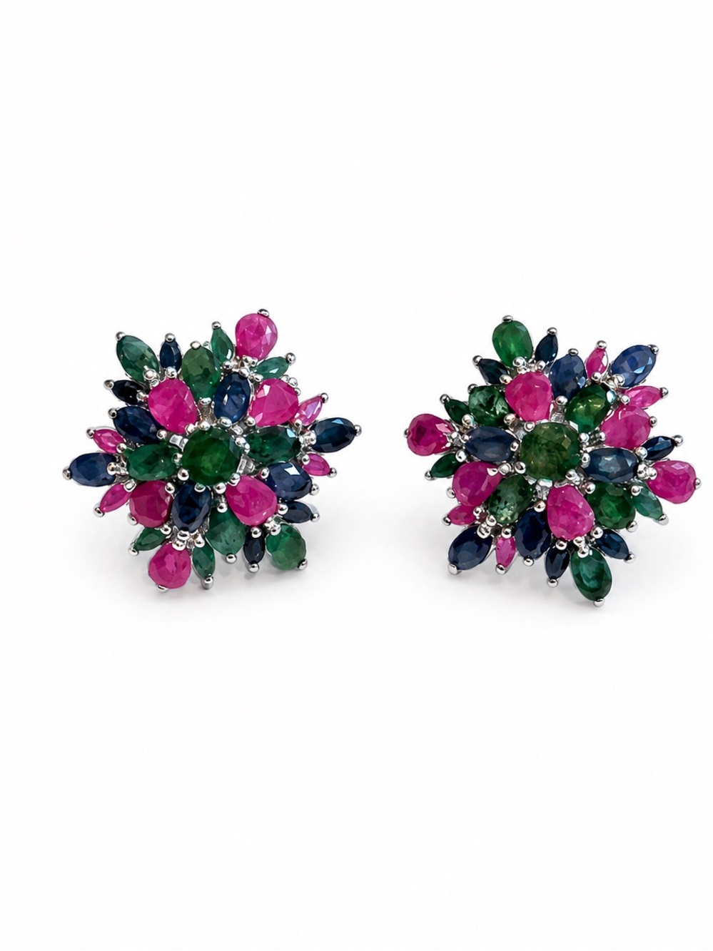 Sterling Silver Ruby, Sapphire Emerald Earrings New